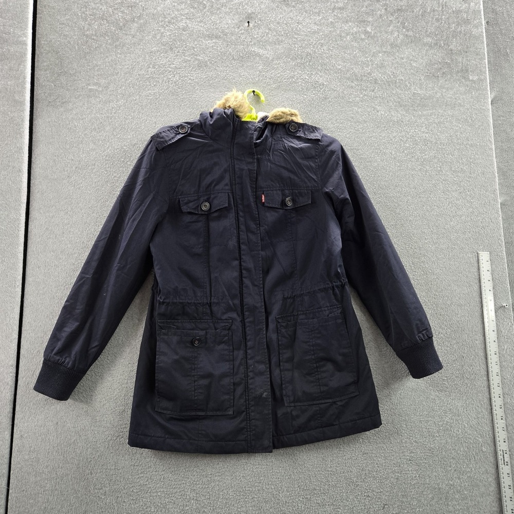 Levi's Women Jacket L Blue Parka Utility Faux Fur Hooded Sherpa Lined READ